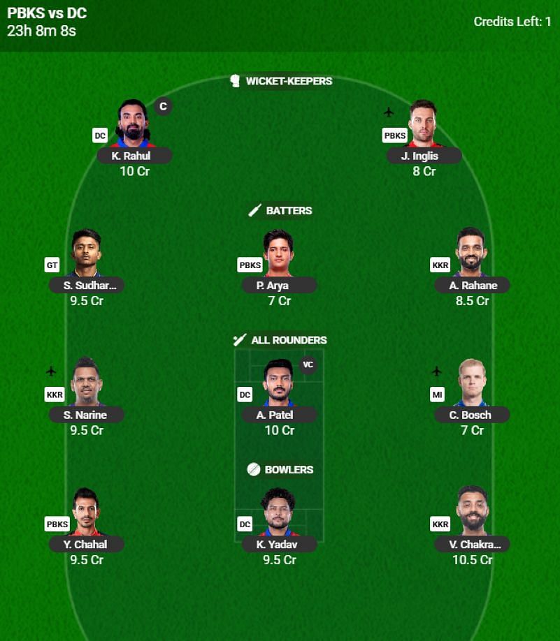 IPL 2025 Fantasy Team for Match 58 - PBKS vs DC